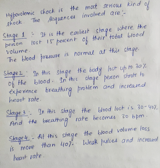 Hypovolemic shock. The shock is the sequences most serious kind of involved are; - Stage » It is the earliest stage where the