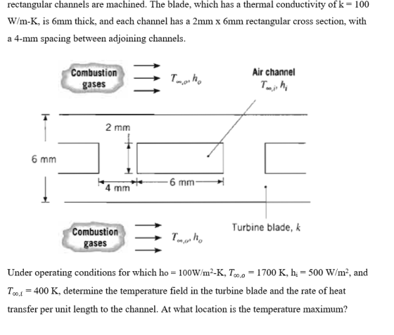rectangular channels are machined. The blade, which has a thermal conductivity of k= 100 W/m-K, is 6mm thick, and each channe