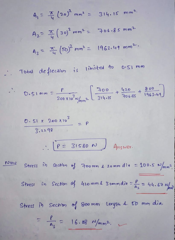 4,- (20) mm2 = 314.15 mm? A2 = (30)?mm?? 706.85 mm2 43 = (50)2 mm = 1963.49 mm2. 0.51 mm Total de flection is limited to P +