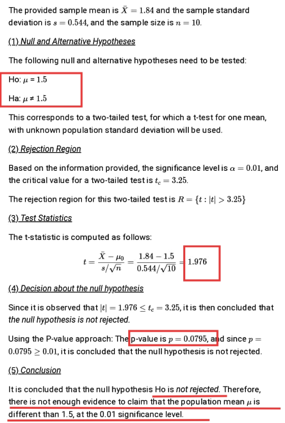 The provided sample mean is X = 1.84 and the sample standard deviation is s = 0.544, and the sample size is n = 10. (1) Null