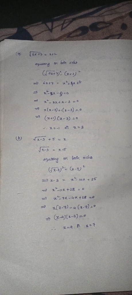 Cou [6x+7= 2+2 squating on both sides (562+7) (x+2) 62+7 +91-9=6 x 32+2-3 =0 - *(x-3) +(2-3) - = (2+1) (2-3) =0 - 25-1 ol 2 =