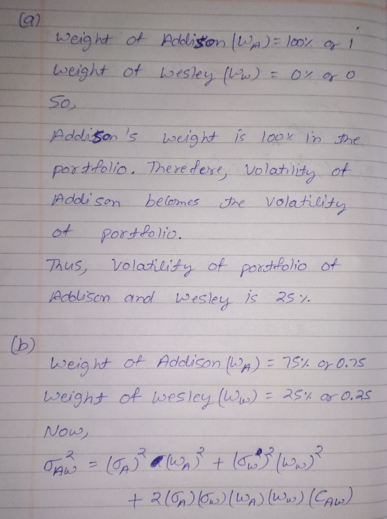weight of Addisson (WA) = 100% og 1 weight of wesley (wow) = 0 % og o So, Addisons weight is 100% in the portfolio. Therefor