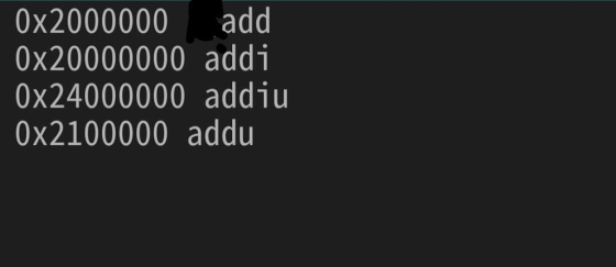 0x2000000 add 0x20000000 addi 0x24000000 addiu 0x2100000 addu