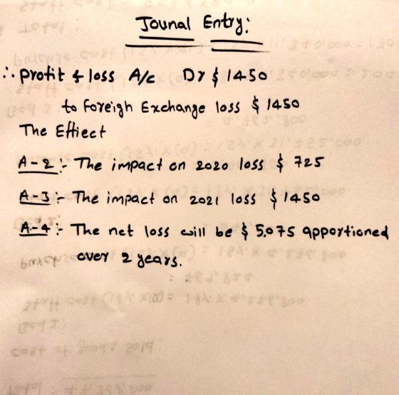 2 . Jounal Entry: LES - Pro++ +Jes A% Dy $ 1450 to foreign Exchange loss $ 1450 The Effiect A-2: The impact en 2020 loss & 72