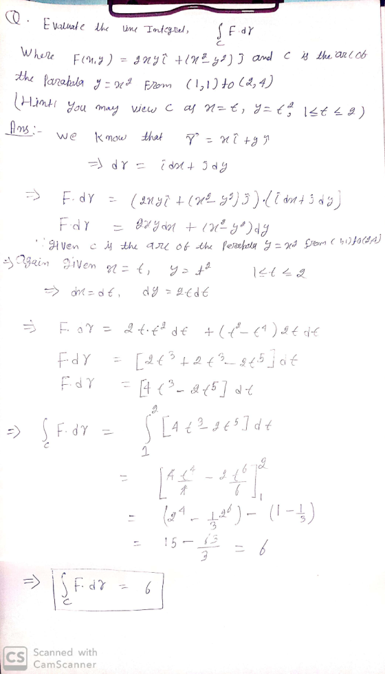 Evaluate the line Integral, c Where Inyi tinggal j and c is the arcot Feny) the Parabola y = ng from (lol) to (2, 4) (Hint Yo