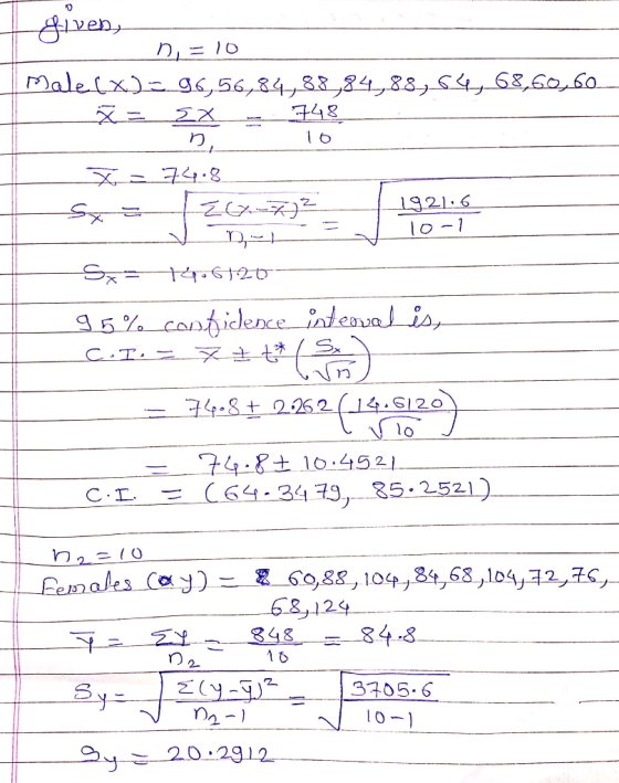 given, D = 10 Male(x)= 96,56,84,88,84_,88.,647 68,62,260_ = 2X = 748. 10 X-74.8 Sx = 1 ze 72 | 1921.6 ---- Reh Sx= t406726 95