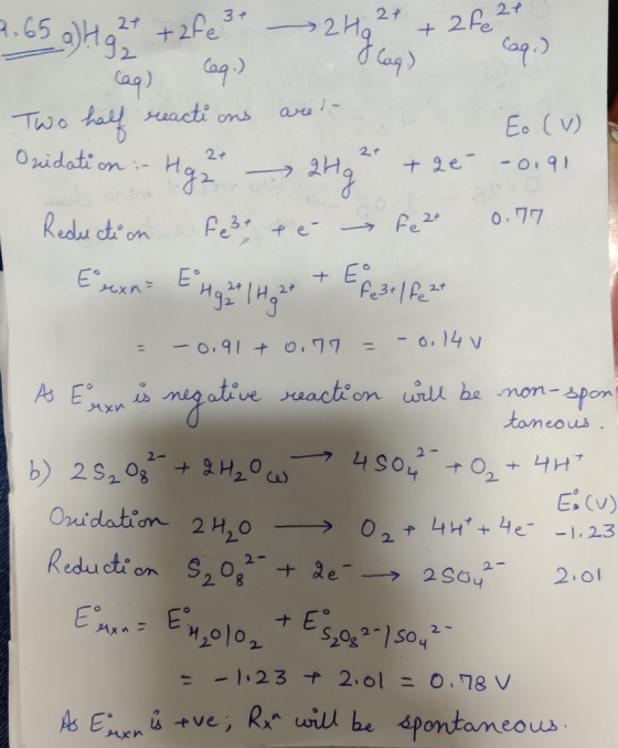 Cag) 9.65 a) g 2 + +2fe3+ 2H2 + + 286 27 | Cao) aa) Two half reactions are Eo (v) Osidation :- Hg 2 - 2492 +26--0191 Reductio
