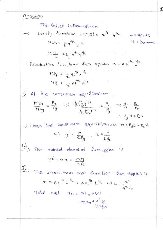Answer: The Given information - Utility function UCHY) = ale yle to apples Mlina ey : Y bananas Mely fall - Production func