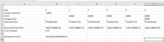 E F -70000 20000 20000 20000 20000 20000 50000 =SUM(G3:45) =SUM(B3:35) =SUM(C3:05) SUM(D3:05) -SUM(E3:15) -SUM(F3:F5) 2 Year