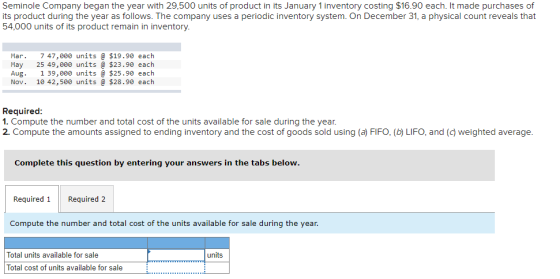 Seminole Company began the year with 29,500 units of product in its January 1 inventory costing $16.90 each. It made purchase