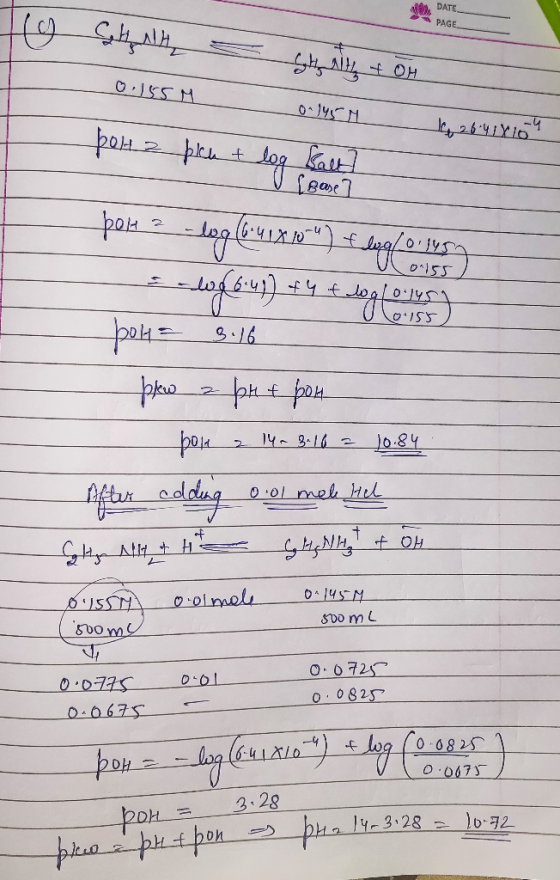 VE DATE PAGE Hg L GhNH 0.15 polt a = Halty of OH 0.1454 plu + log kalt 1 26 41810 0.155 [Base ? pot 2 -log (6 41810) + log/0