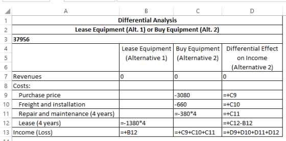 А Differential Analysis Lease Equipment (Alt. 1) or Buy Equipment (Alt. 2) 3 37956 Lease Equipment Buy Equipment Differential