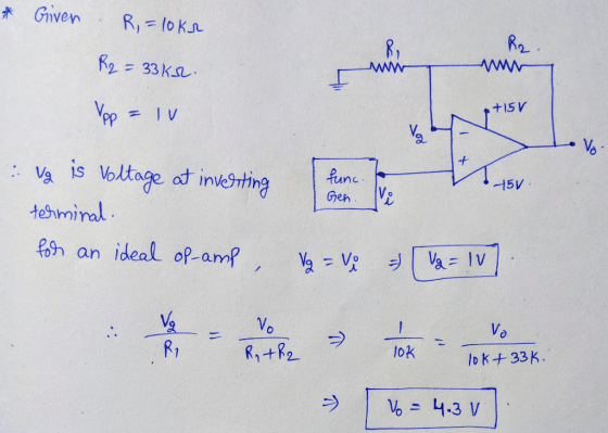 米 Given . R1=lokJL R2 = 33110. +15 V 私ne Vz Geh Vi -15V tehmiral 아-am Vo lok Io kf 33K. R1