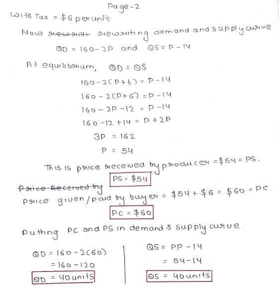 page-2 with Tax = $6 perunit Now stewillt Le 9+11+ Gewriting demand and Supply Curve QD = 160-2P and OS = D-14 At equilibrium