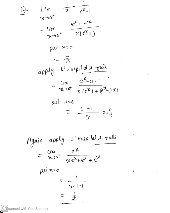lim Ź x to ol koot -2 Lim tot el ule?-1) put x=0 8 apply L Hospitals rule um ex_o-1 xos xlek) + ((?)X1 put x=0 2 1-1 Again