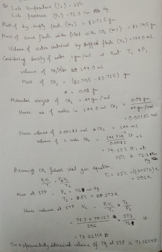 do Labo temperature (Ts) - 23°c Lals pressure (P.) 16.3 cm te g. Mass of dry empty flask (my) - 82.715 gm. Mass of some flask