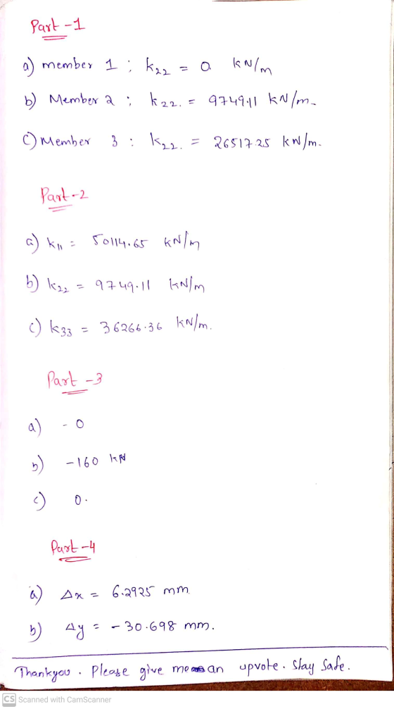 part-1 0 KN/m a) member 1: kaz b) Member a : k22.= 9749.11 kN/m. () Member 3 : kan. 26517.25 kW/m. Part-2 a) KR 50114.65 kN/m