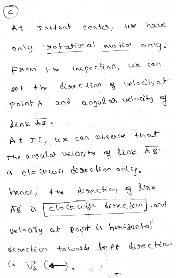 At Instant cento, هوا have only rotational motion only. From the inspection, we get the direction of velocity at point A and