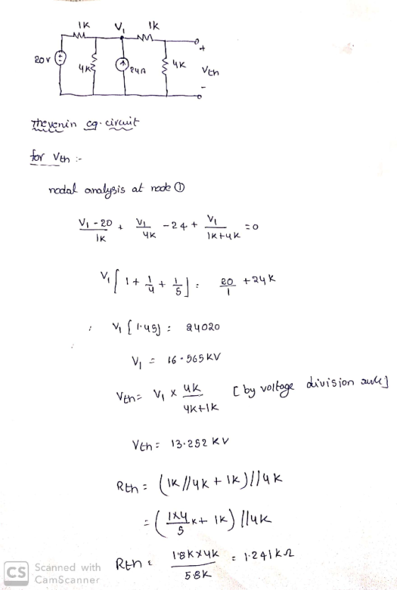 1k v Ik thovenin cq.circuit for Ven :- nodal analysis at rode o V -20 + M ke-24 + ventuk =0 IK i+*+ eo +24K : Vilnius): 24020