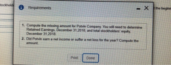 tockhold A Requirements X t the beginn 1. Compute the missing amount for Potvin Company. You will need to determine Retained
