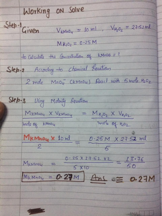Wlorking ON Solve Step Given GIven -10 ml,VH,0, = 21-52ml VKMno 0-25 M MH203 kMn042 Ho Calculate the lententratien Slep-2 Acc