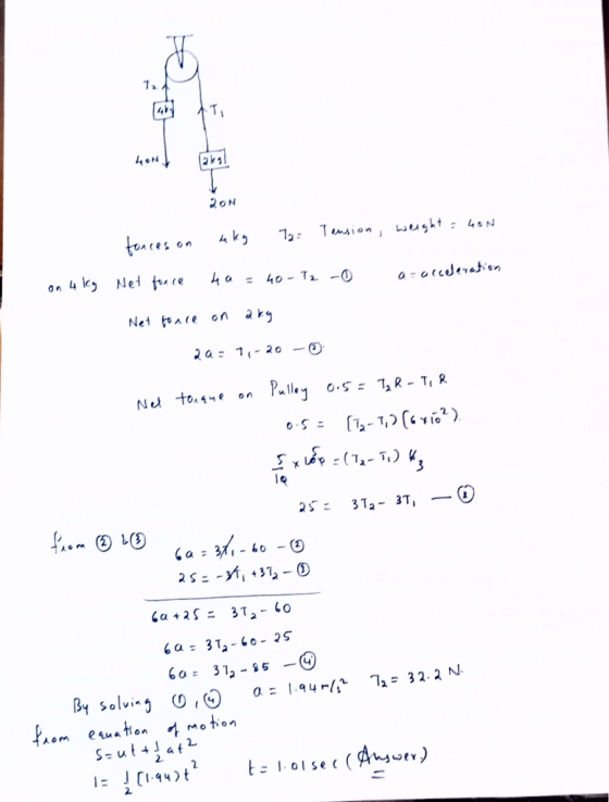tonces on laky 7a Tension, weight = 40N on 4 kg a acceleration Net fonce ha = 40-T2-0 Net fonce on aky 2a = 7,-20 - Nel toque