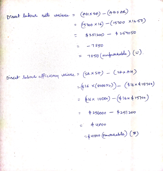 Direct labour sate valiance = (AHXSR) - (AHTAR) = (5700 X 16) -(15700 X16.50) = $251200 – $ 259050 -7850 7550 (euunfavourable