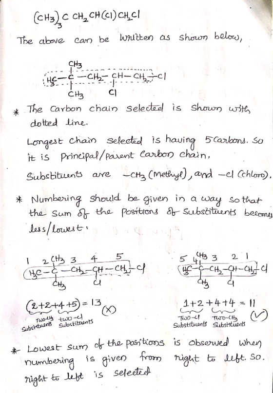 CH3)C CH CH(C)CHCl shown belor, Wnutten as The above can be CH3 c-CHCH-CHc Cl The Carbon chain seledael is shoun w dotted Lin