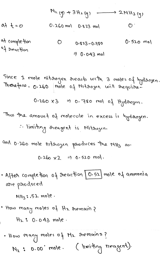 N2 (9) + 3H2(g) 0.260 mol 0.825 mol + 2NH3(g) o at t=0 at completion of reaction 0.823-0.780 0.520 mol > 0.043 mol Since I mo