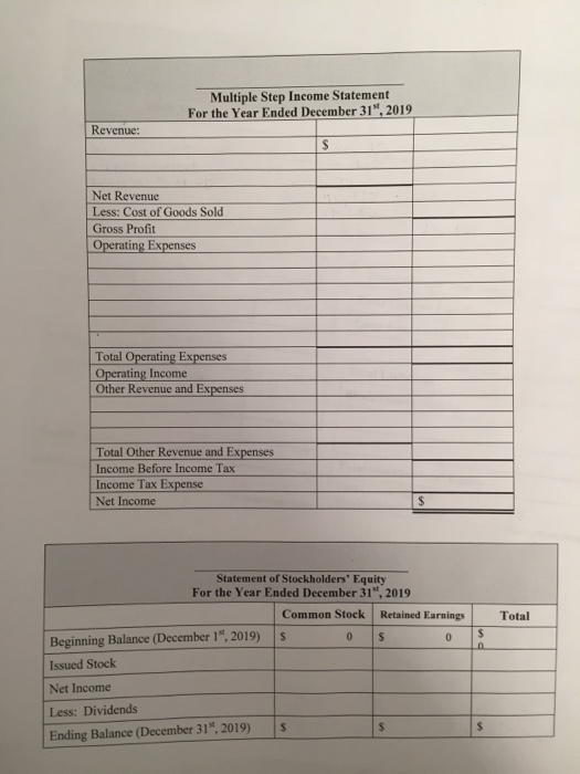 Multiple Step Income Statement For the Year Ended December 31.2019 Revenue S Net Revenue Less: Cost of Goods Sold Gross Prof