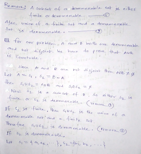 emark? A subset of a denumerable set is either con finite or denumerable. - Also, union of a finite set and a denumerable Set