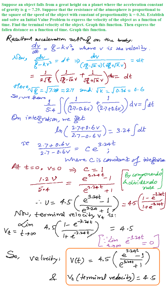 cit = st 8- kr? Here og - 1 dv= Suppose an object falls from a great height on a planet where the acceleration constant of gr