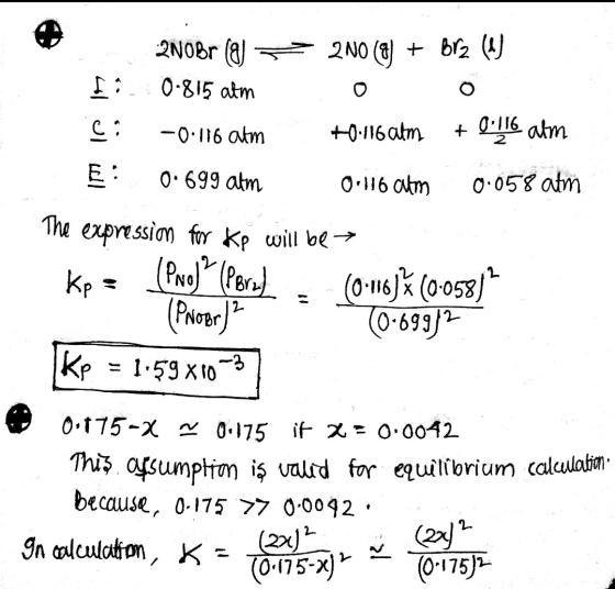 Oila 2N0Br (8) 2NO (8) + Br2 (1) I: 0-815 atm ei -0.116 atm +0.116 atm + Ol!6 atm E: 0.699 atm Orllo atm 0.058 atm The expre