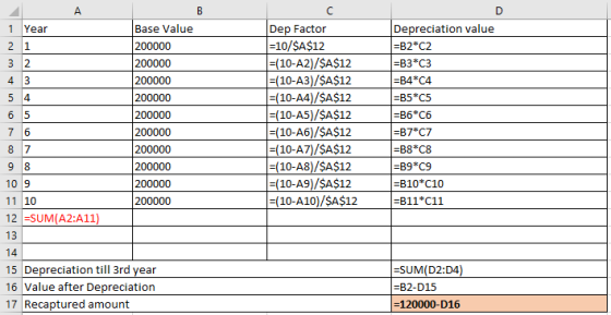 1 Year 2 1 32 Base Value 200000 200000 200000 200000 200000 200000 200000 200000 200000 200000 Dep Factor =10/$A$12 =(10-A2)/
