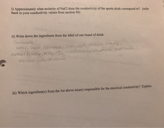 i) Approximately what molarity of NaCl does the conductivity of the sports drink correspond to? (refer back to your conductiv