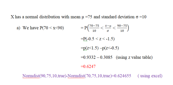 X has a normal distribution with mean u =75 and standard deviation o=10 a) We have P(70<x<90) = P(10775 <*< 9775) =P(-0.5<z<-