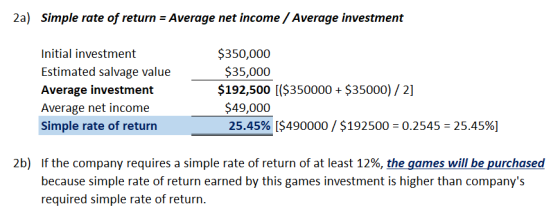 2a) Simple rate of return = Average net income / Average investment Initial investment Estimated salvage value Average invest