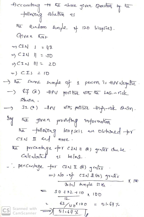 According to the above given Question by the following solution as the Random sample of 120 biopsies. Given that YCIN 1 = 42