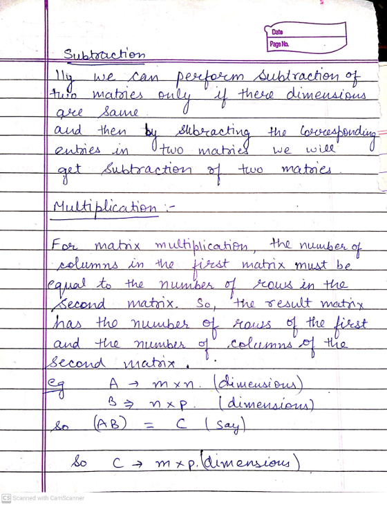 Date Page No. Subtraction lly we can pereforem subtraction of theo mabies only 4 these dimensisus by teleboracting get Subtra