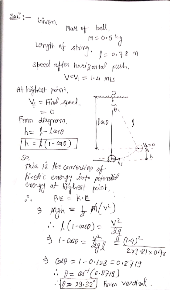 Son Givem Mars ofball M0.5 LOryth of ting Speed after hoaizonta push V=Vi = »4 M IS At hheet point From diagram h=-Lo8 h=1(1-