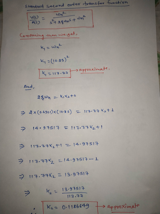 Standard second order tromsfer formation Y($) RCS2 02² st gewenst won Comparing then weget, ki = wg² 2 K, -(10.85) ki -117.77