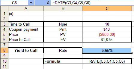 fx =RATE(C3,C4,C5,C6) B с C8 A 1 ) 2 3 Time to Call 4 Coupon payment 5 Price 6 Price to Call Nper Pmt PV FV 10 $40 ($850.00)