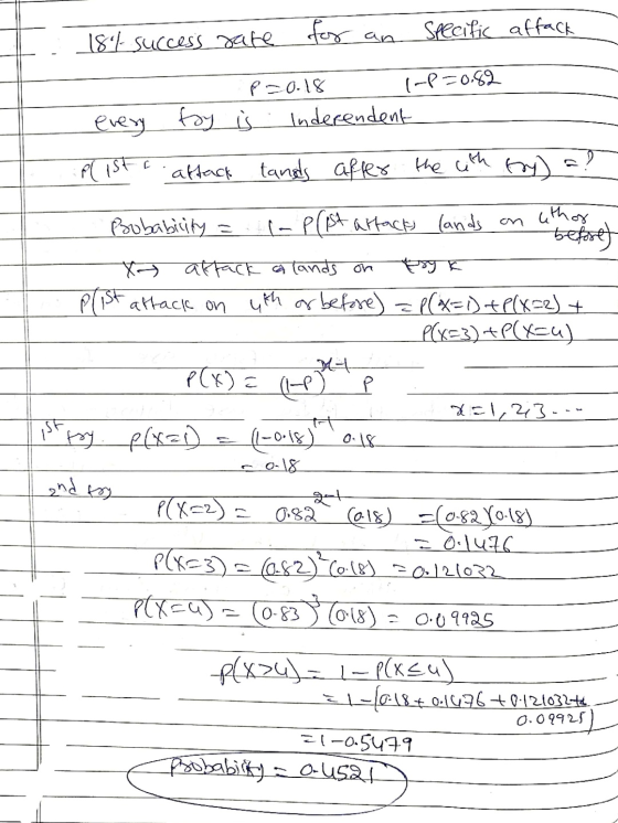 18% success sate for Specific affack an 1-P=0.82 p=0.18 every toy is Inderendent plista attack tands after the ith try) a Bob