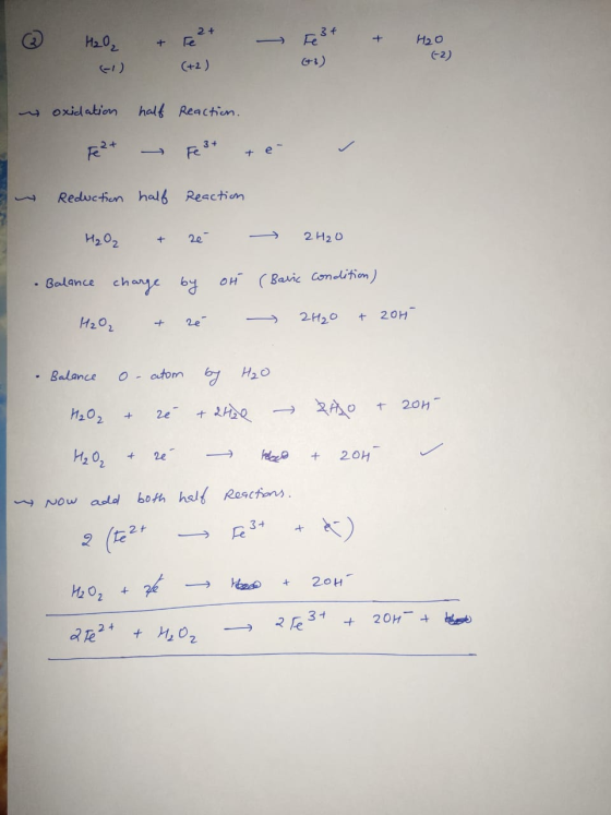 2+ Fe H20 (-2) ) +2) oxidation half Reactien. 3+ R+ e Reductien hal Reaction Из02 2e 2 H20 Balance chaye by oH Baric Conditio