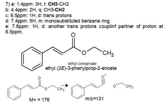 7) a: 1.4ppm: 3H, t: CH3-CH2 b: 4.4ppm: 2H, q: CH3-CH2 c: 6.5ppm: 1H, d: trans protons d: 7.4ppm: 5H, m: monosubstituted benz