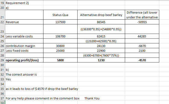19 Requirement 2) 20 a) Status Qua Alternative drop beef barley Difference (all lower under the alternative L -50955 22 Reven