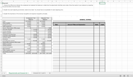 O P Q R S T U M N Required: 1. Analyze the differences between the unadjusted and adjusted trial balances to determine the ad