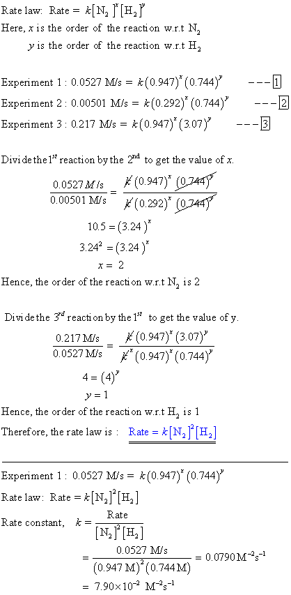 Rate law Rate = k[N, 1 [H, Here, x is the order of the reaction wrt Ng y is the order of the reaction w.rt H, Experiment 1: 0