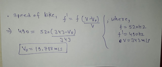 speed of bike, f = f (V-vo) ,, w - 490= 520(343-vo) 343 Vo= 19.788 mis iere, f=52042 fl=49042 Ov=343 mis