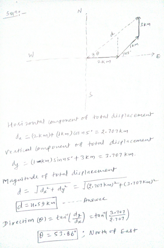 Song - 13km Ins -7 E 2km Hosizontal component of total displacement da = (2km)+ (1 km) ws n5=2.707km rentical component of to